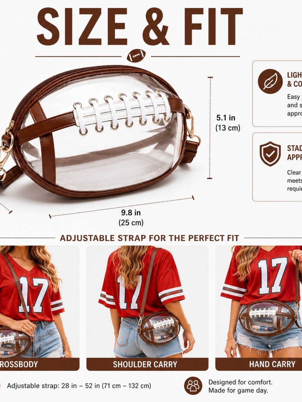 Football-Shaped Clear Crossbody Bag Stadium Approved Brown Purse - Picture 6 of 13